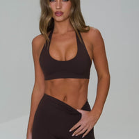 SOFT BROWN HALTER WORKOUT CROP